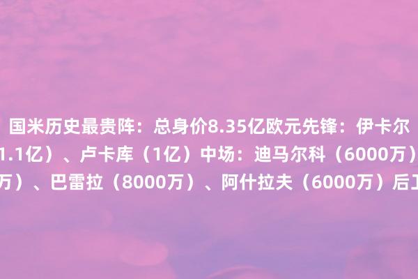 国米历史最贵阵：总身价8.35亿欧元先锋：伊卡尔迪（1亿）、劳塔罗（1.1亿）、卢卡库（1亿）中场：迪马尔科（6000万）、埃里克森（9000万）、巴雷拉（8000万）、阿什拉夫（6000万）后卫：巴斯托尼（7500万）、什克里尼亚尔（6500万）、德弗里（6000万）门将：奥纳纳（3500万）米兰历史最贵阵：总身价6.35亿欧元先锋：莱奥（9000万）、伊瓜因（5500万）、普利西奇（5000万